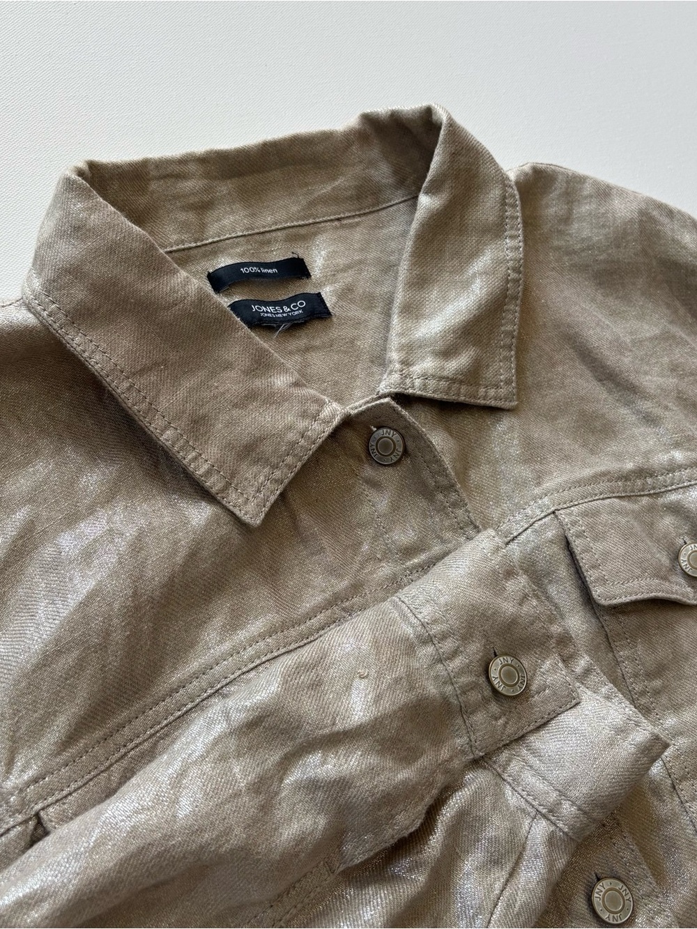 Jones New York Trucker Jacket Womens 1X Metallic Linen Gold Buttons Y2K Boho